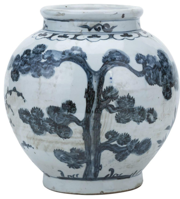 Jar Vase Pine Tree Small Blue White Ceramic Handmade Hand