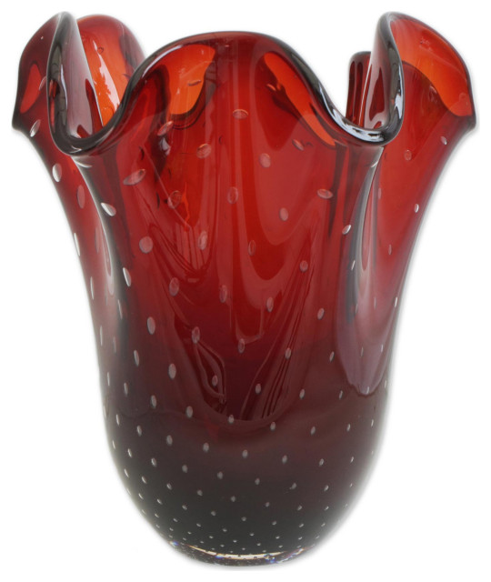 Novica Handmade Red Splash Art Glass Vase (14 Inch) Contemporary