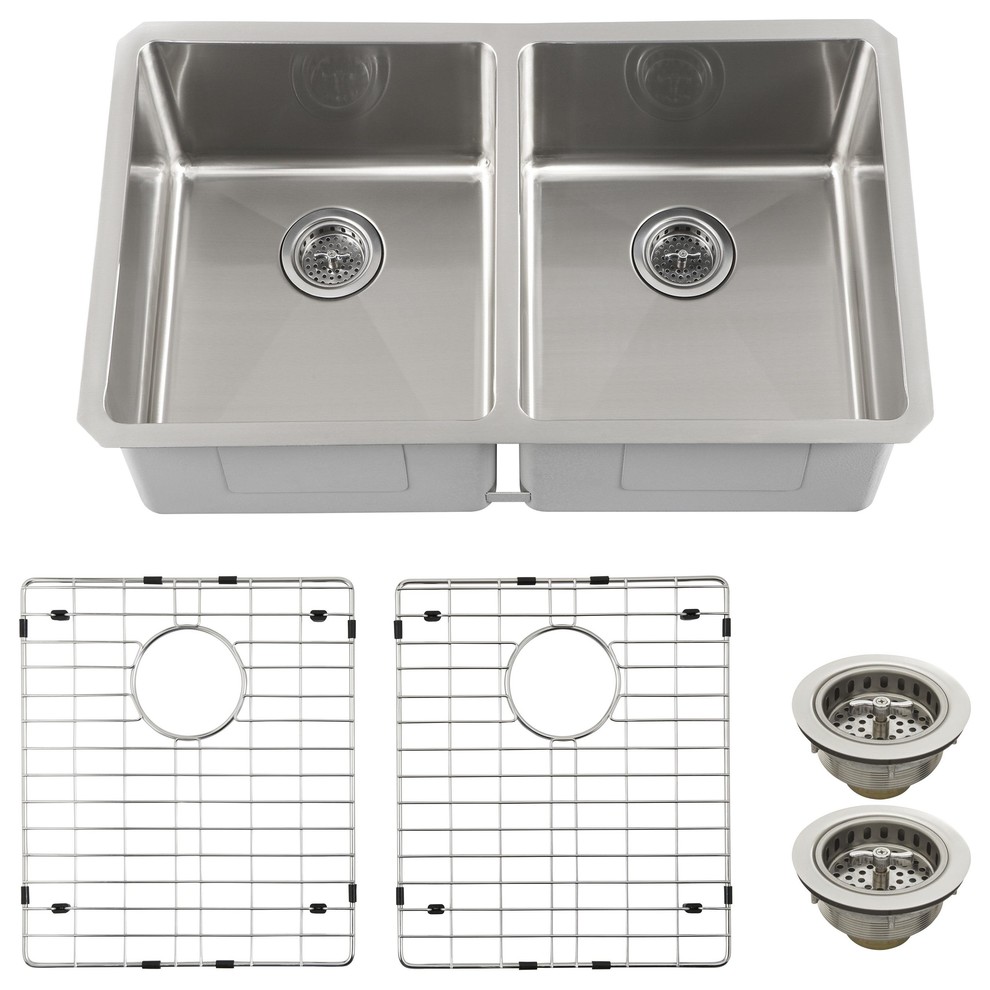 Schon SCRA505016 Luxury 16 Gauge 50/50 Double Bowl Radius Corner Kitchen Sink, S