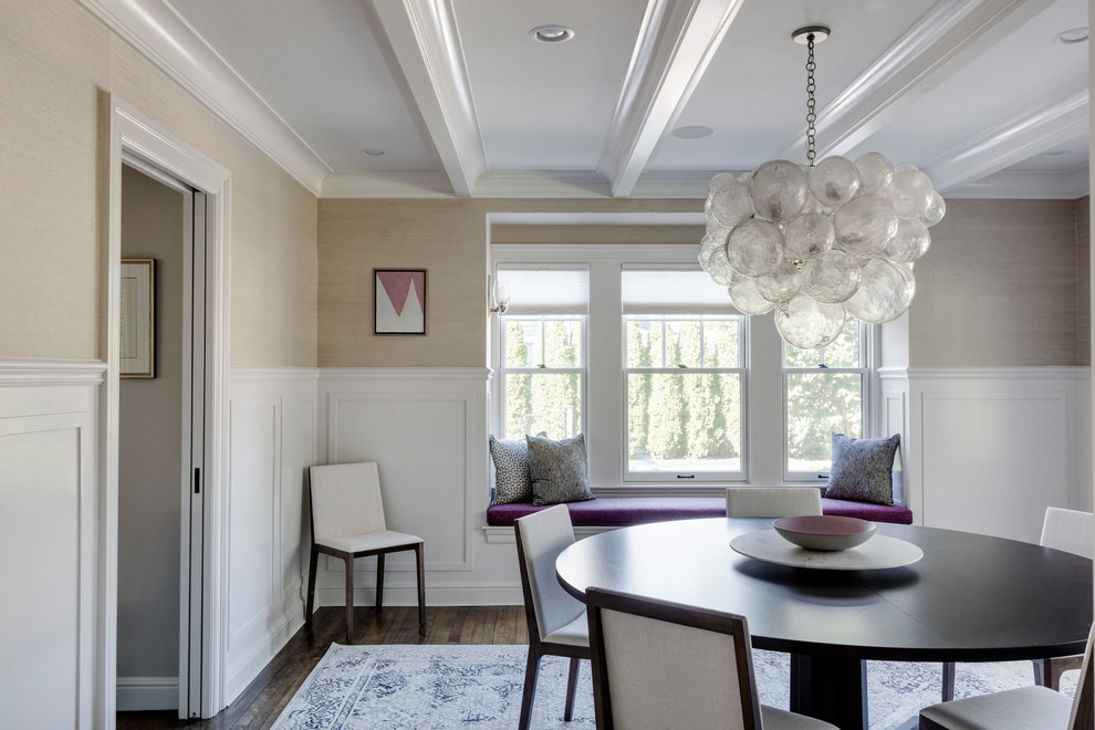 Inspiration for a mid-sized transitional separate dining room in Boston with beige walls, no fireplace and dark hardwood floors.