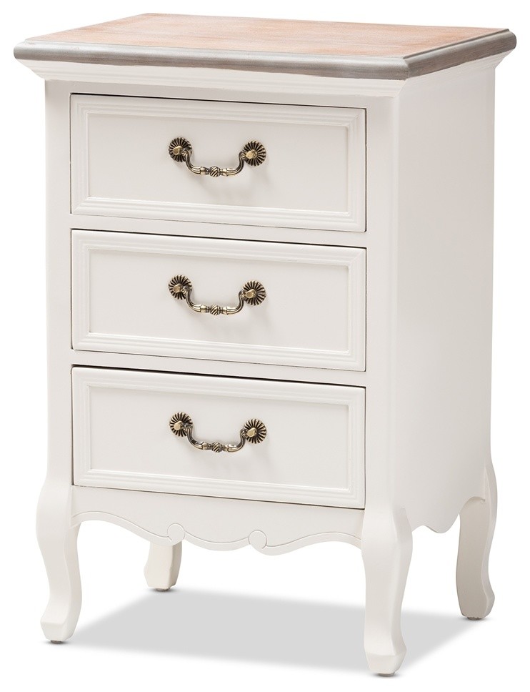Antique French Country Cottage 2Tone White Finished Wood 3Drawer