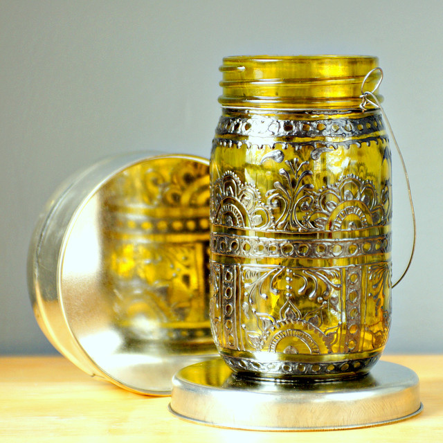 Hand Painted Mason Jar Lantern, Canary Yellow Tinted Glass with Black Accents