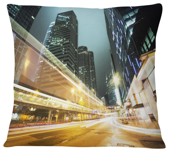 Traffic in Hong Kong at Night Cityscape Throw Pillow, 16"x16"