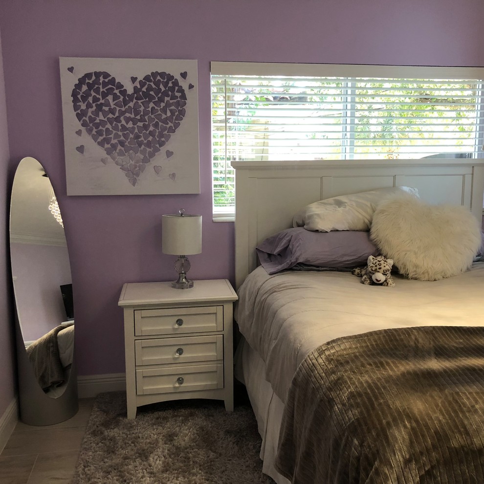 Design ideas for a mid-sized modern bedroom in Miami with purple walls, ceramic floors and grey floor.