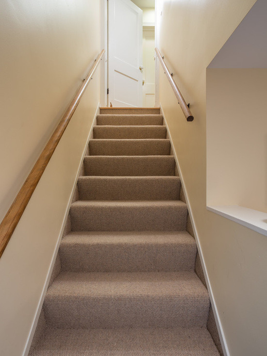 Example of a mid-sized transitional carpeted straight staircase design in Chicago with carpeted risers