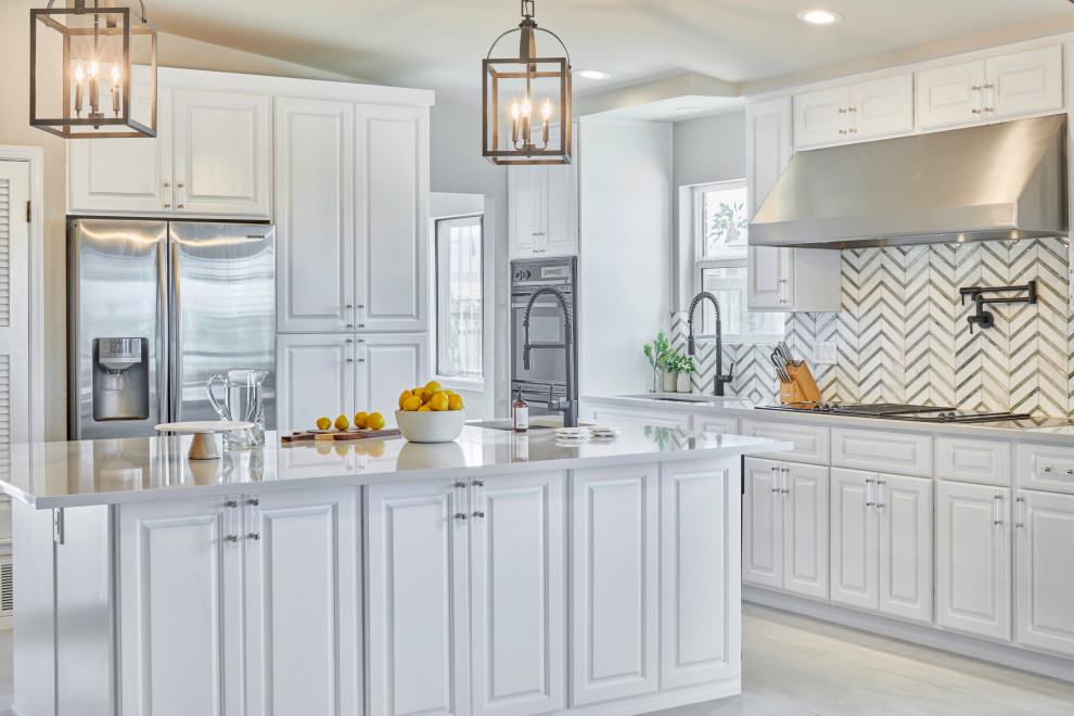 Inspiration for a small transitional l-shaped porcelain tile and gray floor eat-in kitchen remodel with an undermount sink, beaded inset cabinets, white cabinets, quartzite countertops, multicolored backsplash, glass sheet backsplash, black appliances, a peninsula and white countertops