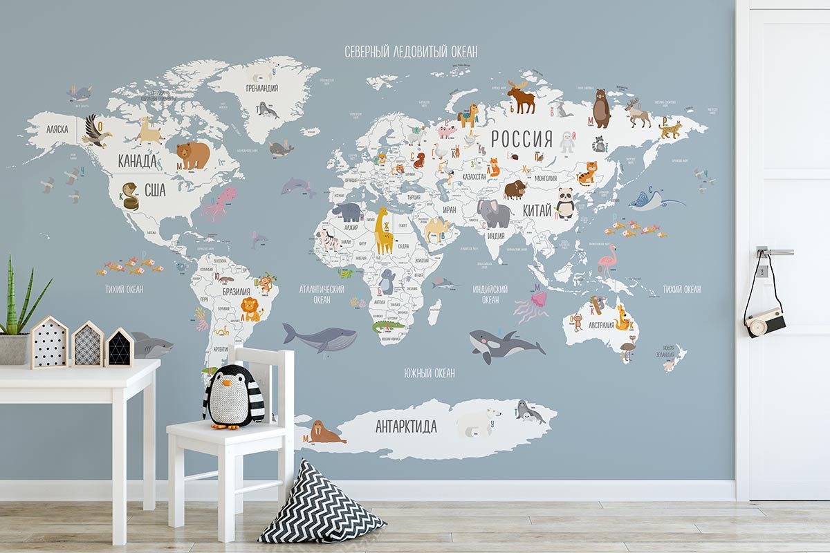 Фотообои Карта мира Азбука голубая