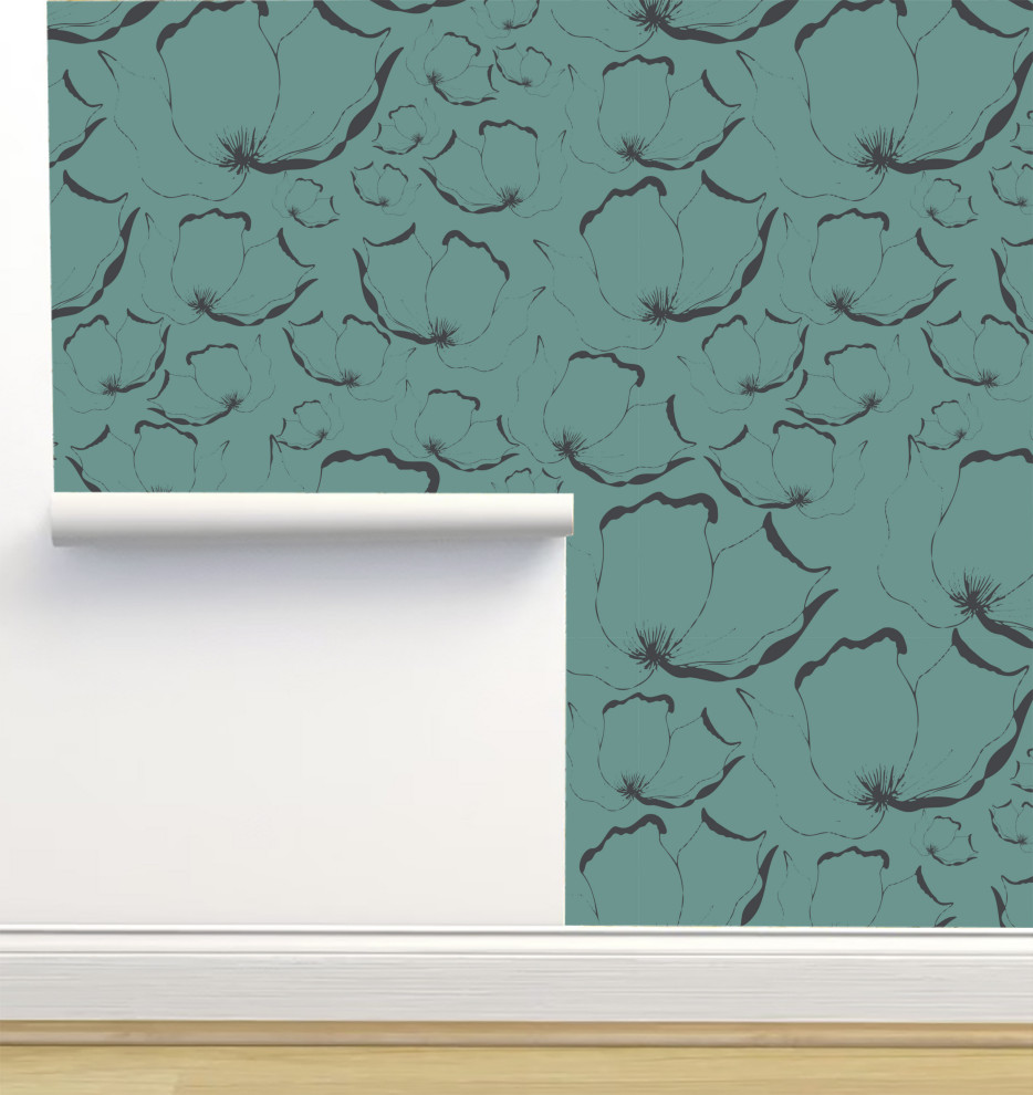 Loose Flowers Green Black Wallpaper by Monor Designs, Sample 12"x8