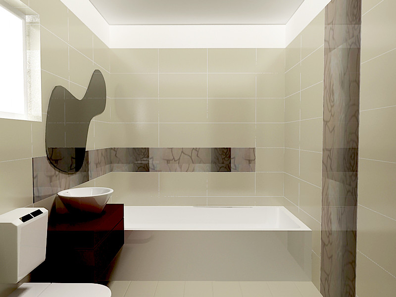 This is an example of a mid-sized modern master bathroom in Other with flat-panel cabinets, red cabinets, a corner tub, a wall-mount toilet, beige tile, ceramic tile, beige walls, ceramic floors, a pedestal sink and laminate benchtops.