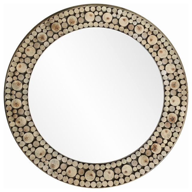 Log Mosaic Mirror Natural Wooden Round Wall Mirror 33"H33"W Rustic Wall Mirrors by