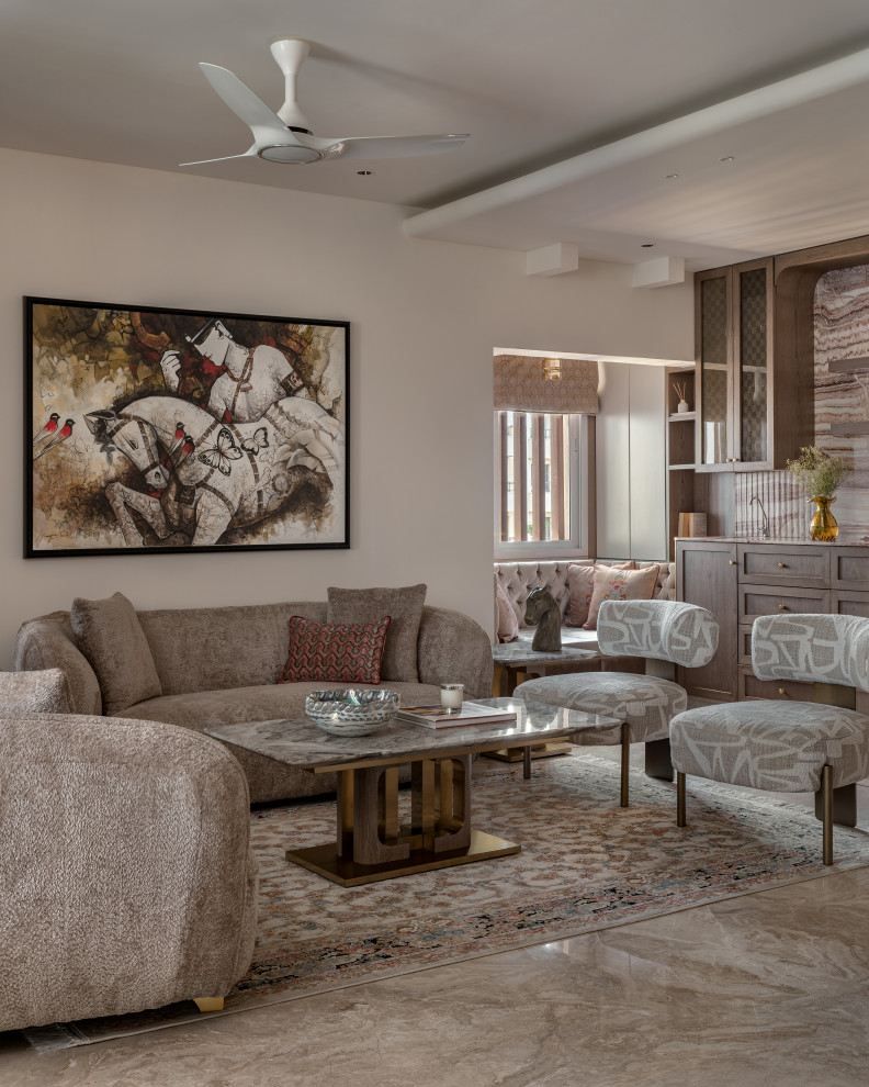 Design ideas for a contemporary Open Concept living room in Mumbai With Beige Walls and Gray.