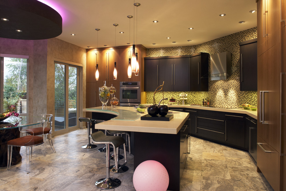 This is an example of a contemporary eat-in kitchen in Minneapolis with flat-panel cabinets, brown cabinets, multi-coloured splashback and panelled appliances.
