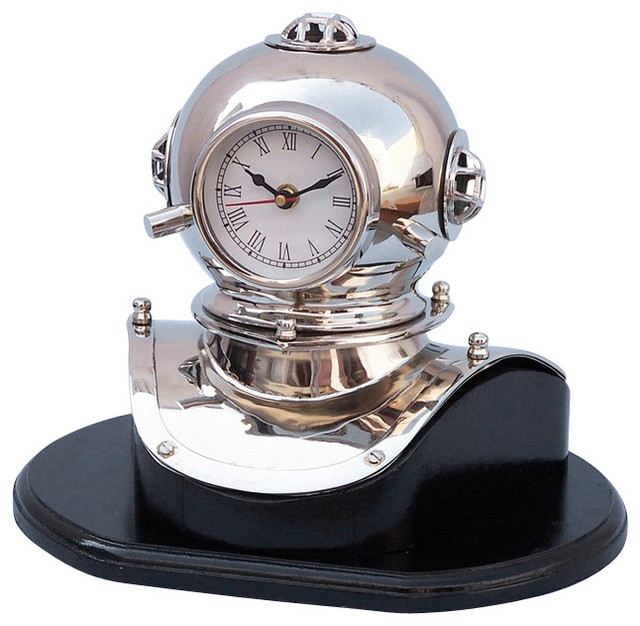 Divers Helmet Clock on Wood Base, Antique Brass, 12" Beach Style
