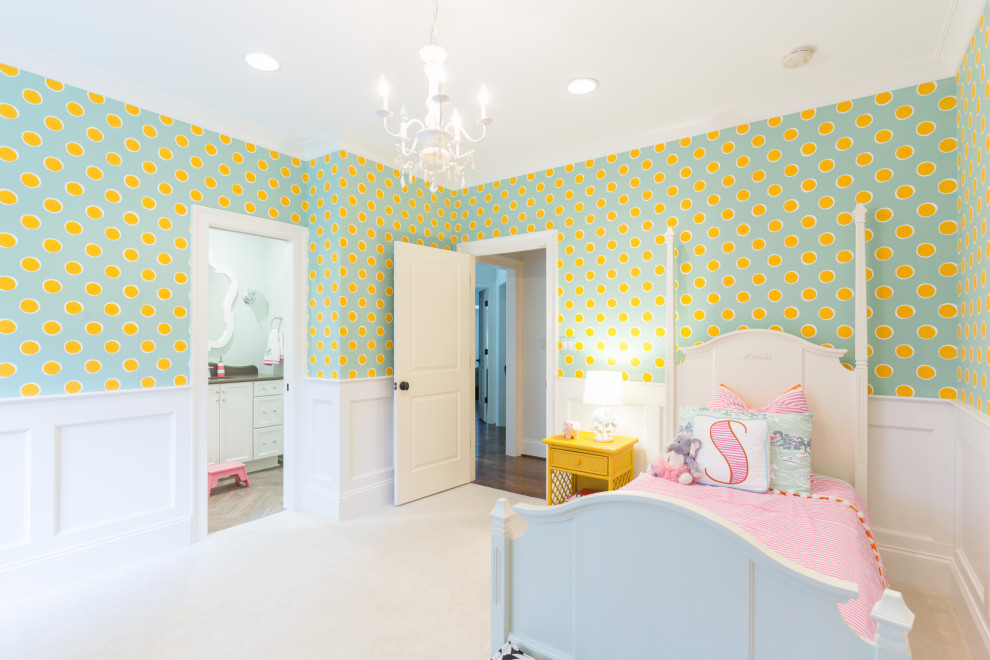 This is an example of a large mediterranean kids' bedroom for kids 4-10 years old and girls in Charlotte with multi-coloured walls, carpet and beige floor.