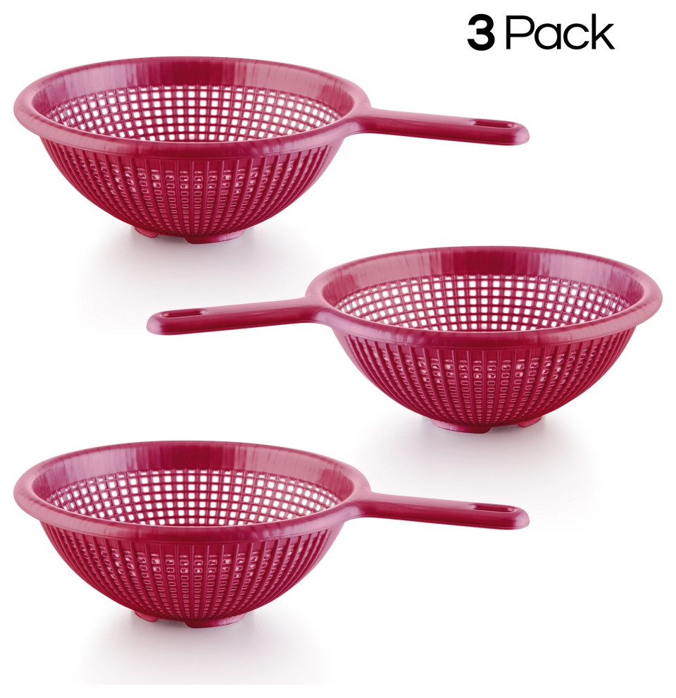 YBM Home Plastic Deep Colander Strainers with Long Handle, 8.5 Inches (3 PACK), Red