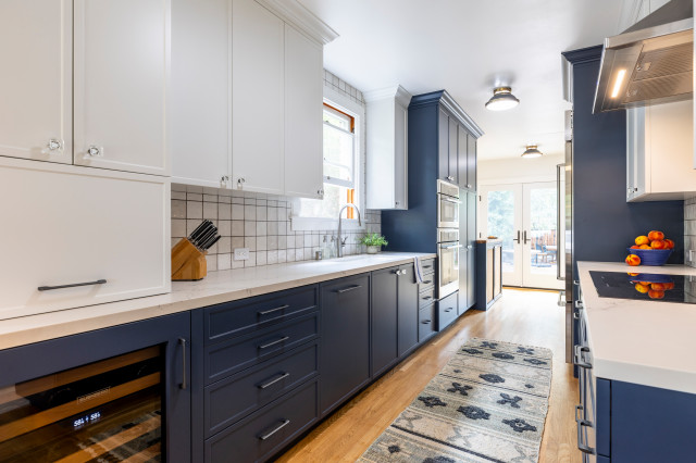 Wine Fridge with Shake Cabinet Front Pannel in Blue and White Kitchen ...