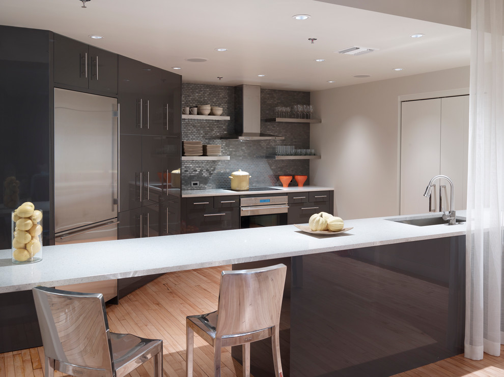 Contemporary kitchen in Chicago with mosaic tile splashback, grey splashback, an undermount sink, flat-panel cabinets, grey cabinets and stainless steel appliances.