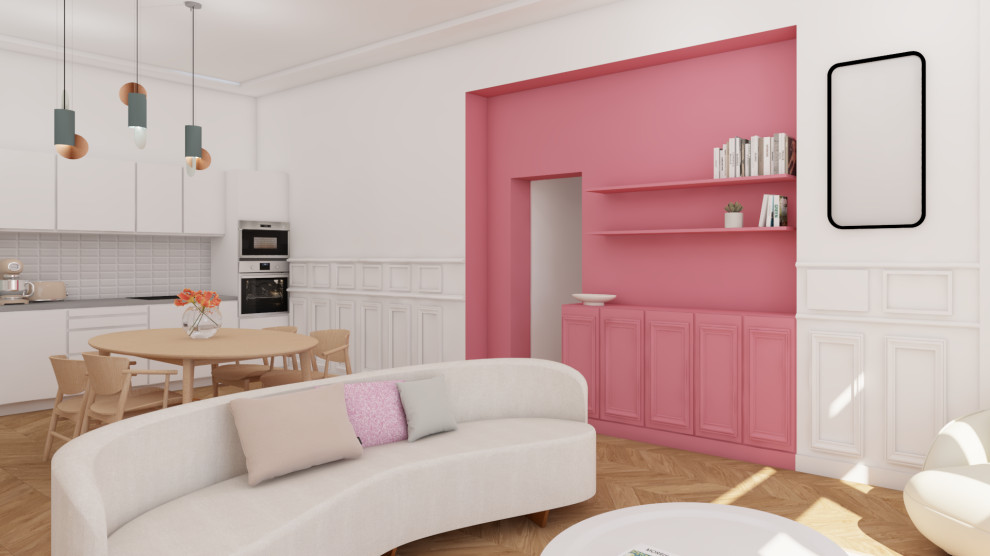 Foto di un grande soggiorno minimal aperto con libreria, pareti rosa, parquet chiaro, pavimento marrone e boiserie
