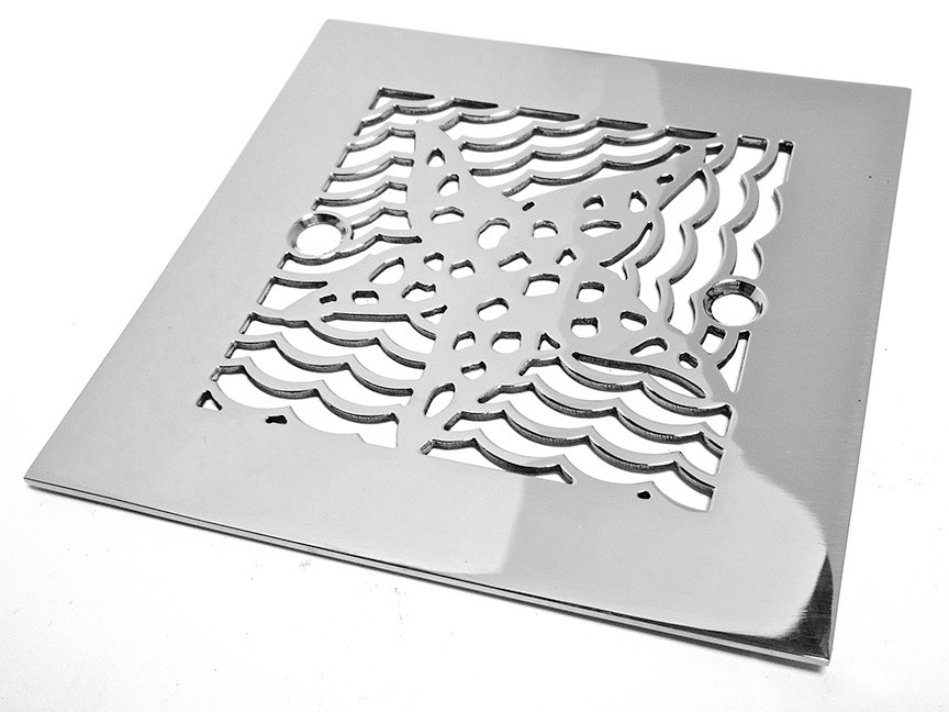 Shower Drain Cover, 4.25 Inch Square, Star Fish Design by Designer Drains, Brushed Stainless Steel/Nickel
