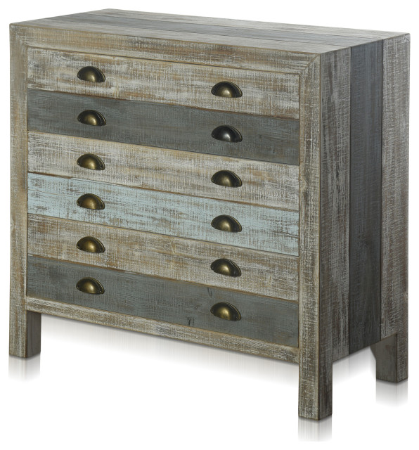 Seamoore Chest, Sea Blue Painted Wood, Gray Reclaimed Wood, Metal Finished Pulls