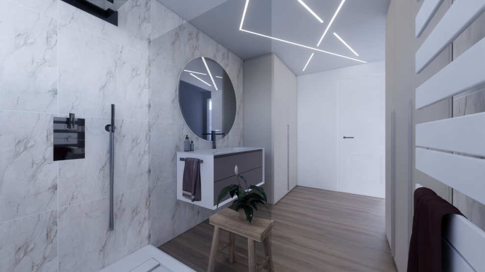 Photo of a contemporary bathroom in Strasbourg with a built-in shower, marble tiles, dark hardwood flooring, brown floors, beaded cabinets, beige cabinets, white worktops and a single sink.