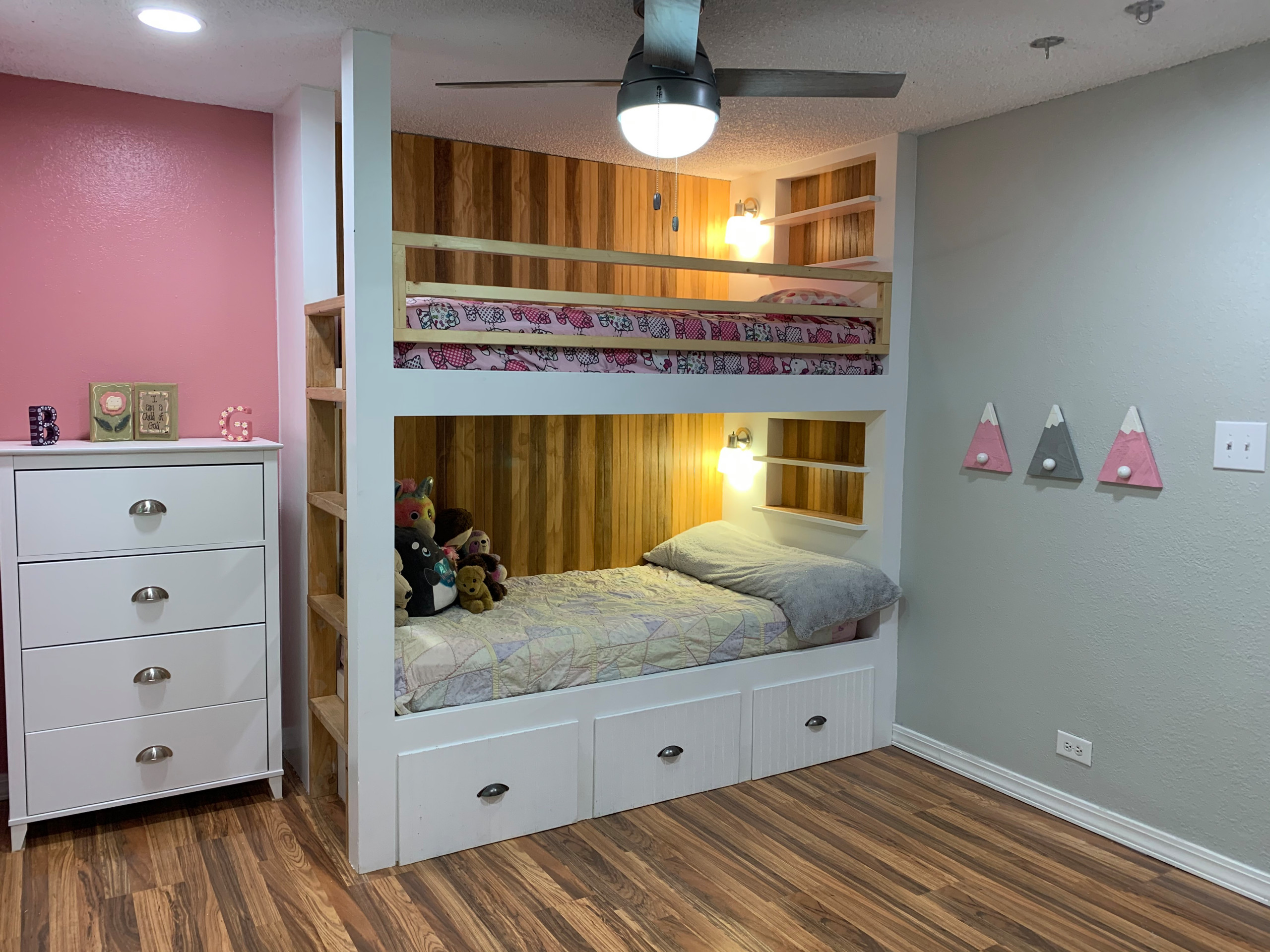 Bedroom remodel for Girls' with built in bunk beds & lights