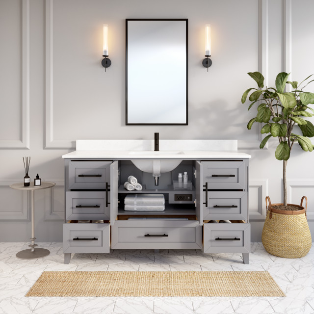 Houston 60" Single Vanity With Power Bar and Drawer Organizer - Transitional - Bathroom Vanities ...