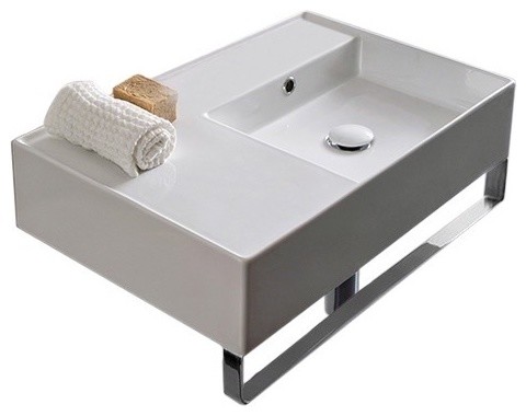 24 Ceramic Wall Mount Sink With Counter Space And Towel Bar No Hole