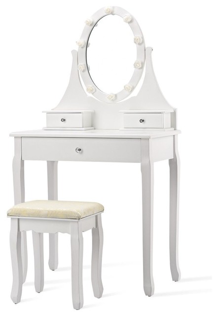 Unique 3 Drawers Lighted Mirror Vanity Makeup Dressing Table Stool Set