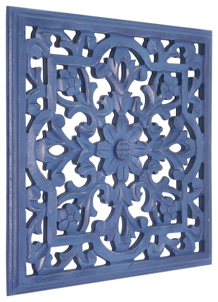 HandCarved Dark Blue Latticework Square Wood Wall Medallion (16"), 16