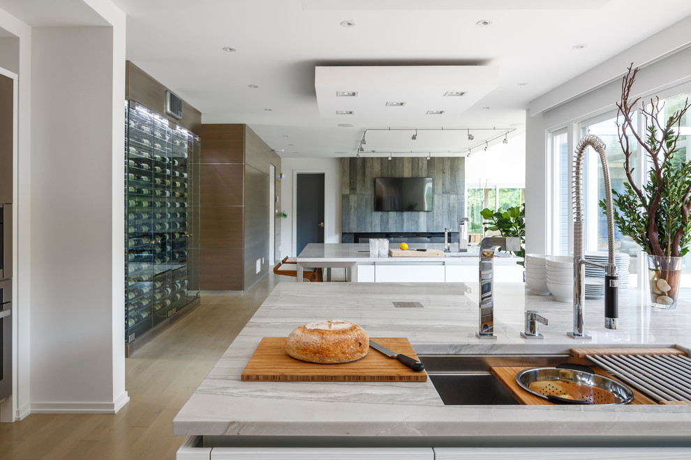 Inspiration for a large contemporary eat-in kitchen in Ottawa with stainless steel cabinets, quartzite benchtops, white splashback, stainless steel appliances, light hardwood floors and multiple islands.