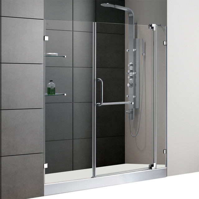 60in.  Frameless Shower Door 3/8in.  Clear Glass Chrome Hardware with White Base