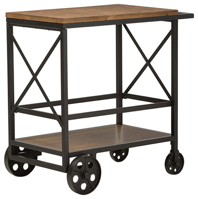 Chester Rustic Industrial Style Oak Brown and Black Metal Mobile Serving Cart