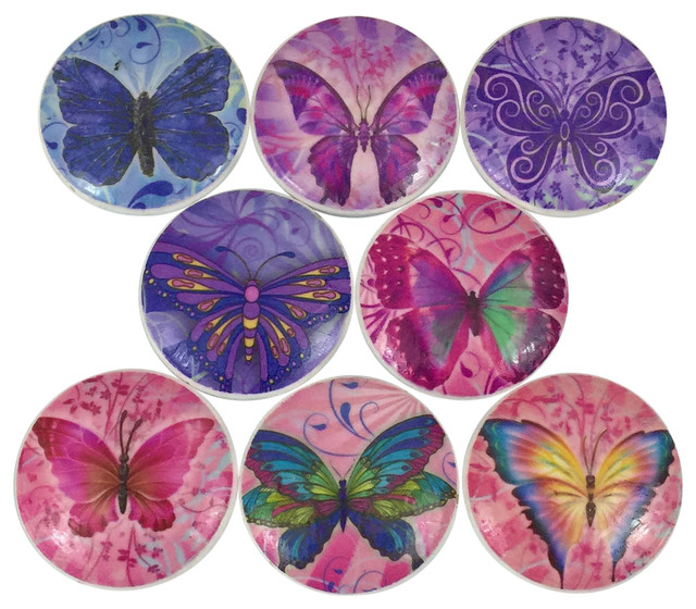 8 Piece Set Pink And Purple Butterfly Cabinet Knobs Contemporary