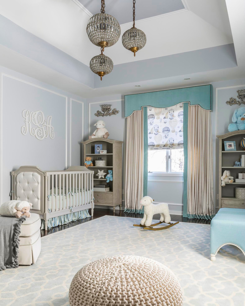 Inspiration for a large traditional nursery for boys in New York with grey walls and vinyl floors.