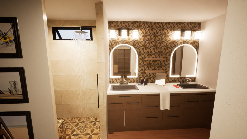 Пример оригинального дизайна: огромная главная ванная комната в средиземноморском стиле с открытым душем, коричневой плиткой, терракотовой плиткой, бежевыми стенами, полом из керамогранита, врезной раковиной, столешницей из искусственного кварца, бежевым полом, открытым душем, бежевой столешницей, сиденьем для душа, тумбой под две раковины, встроенной тумбой и балками на потолке