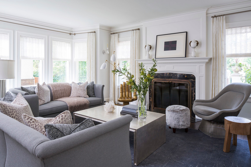 Elegant enclosed dark wood floor living room photo in Minneapolis with white walls, a standard fireplace and a stone fireplace