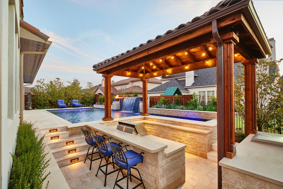 Photo of a small modern custom-shaped pool in Dallas with natural stone pavers.