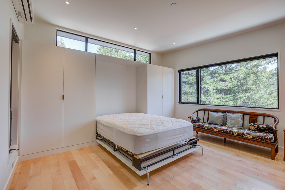 Large modern guest bedroom in Seattle with white walls, light hardwood floors, no fireplace and beige floor.