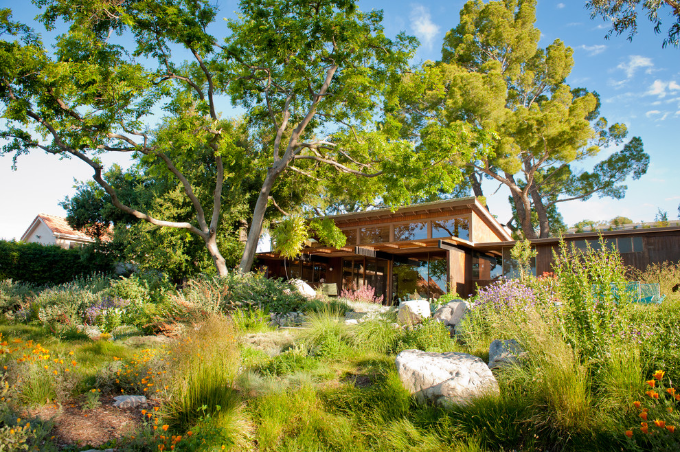 Photo of a large mid-century modern drought-tolerant and partial sun backyard stone water fountain landscape in Los Angeles for spring.