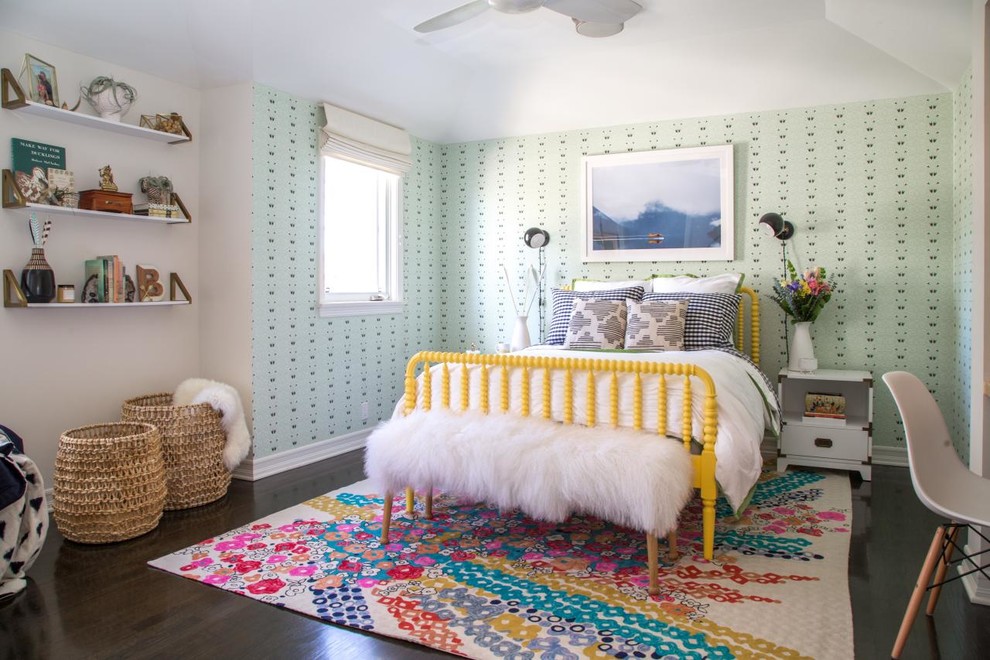 Eclectic kids' bedroom in Seattle with green walls, dark hardwood floors and brown floor.