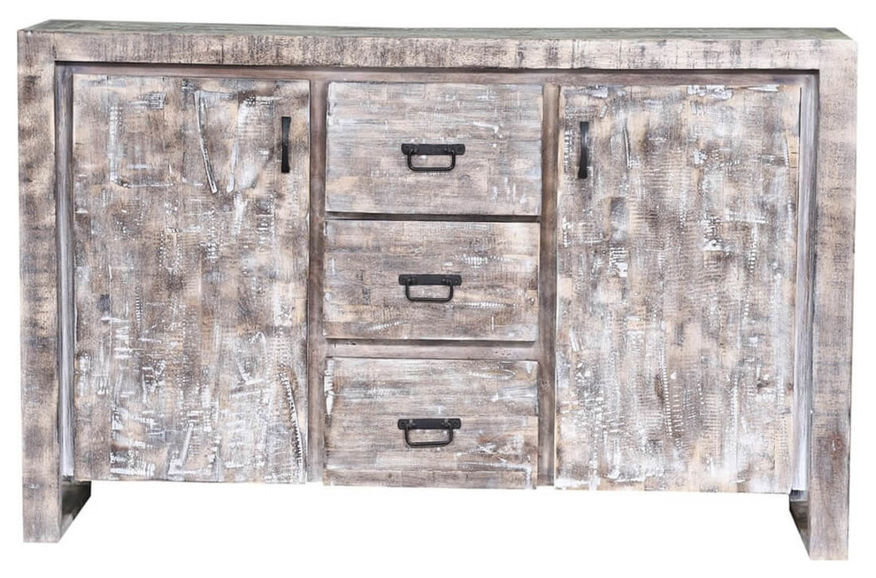 Wheaton White Wash Reclaimed Wood 3 Drawer Large Sideboard Cabinet