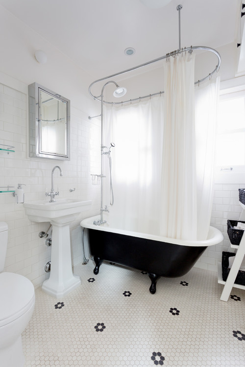 Scandinavian Bathroom with Black and White Patterned Floor Tiles