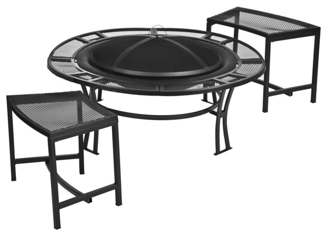 Cobraco Steel Mesh Rim Fire Pit And 2 Bench Set With Screen And