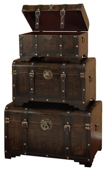 Wood Leather Trunk S/3 Set of Three Usable Leather Trunk