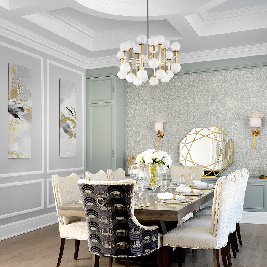 This is an example of a medium sized traditional enclosed dining room in Other with grey walls, brown floors, a coffered ceiling, wallpapered walls and medium hardwood flooring.