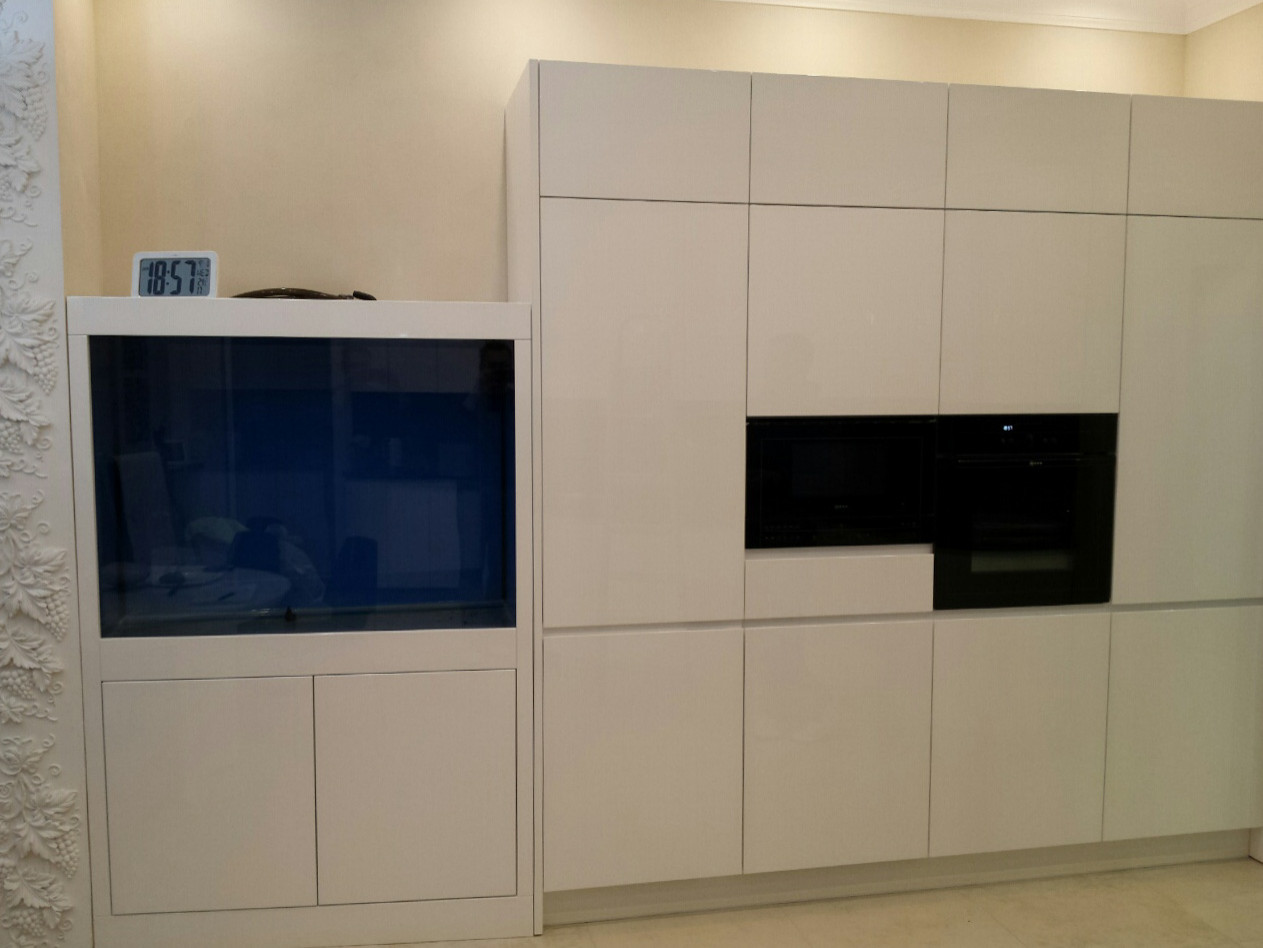 Кухня-волна, совмещенная с аквариумами