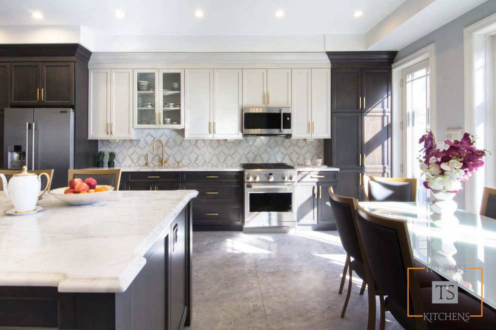 Large traditional l-shaped kitchen/diner in New York with a submerged sink, recessed-panel cabinets, dark wood cabinets, granite worktops, multi-coloured splashback, ceramic splashback, stainless steel appliances, ceramic flooring, an island, multi-coloured floors and multicoloured worktops.