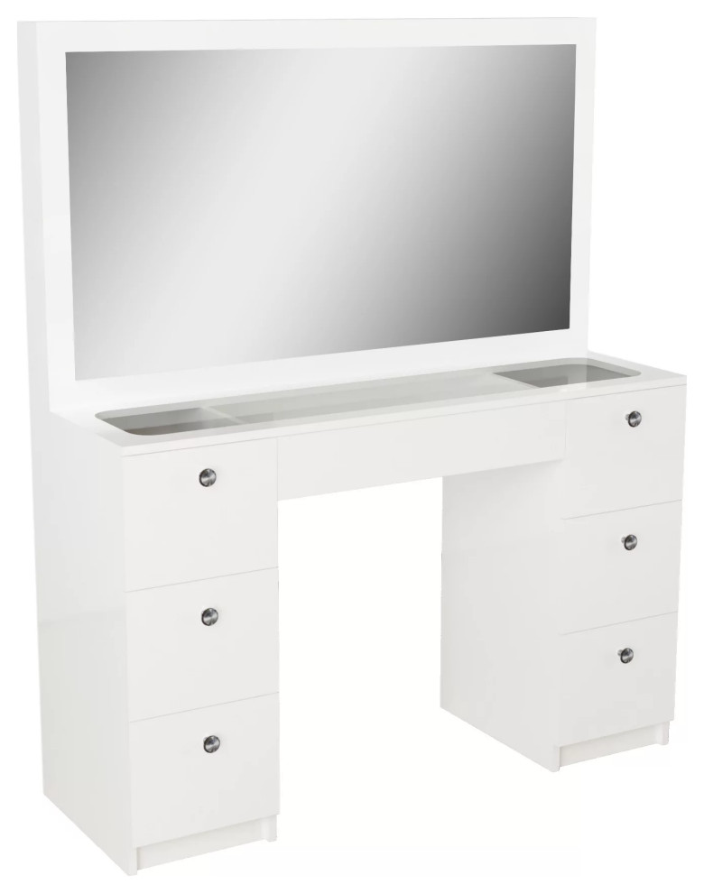 Modern Vanity Table, 7 Spacious Drawers and Rectangular Mirror, White Modern Bedroom