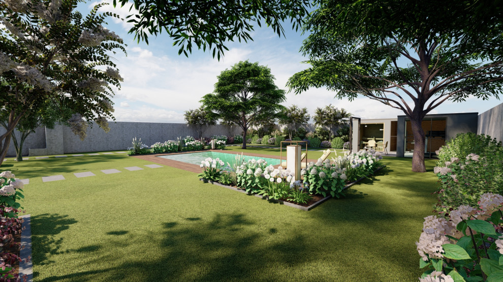 Idee per un grande giardino formale minimalista esposto a mezz'ombra davanti casa in estate con gazebo, pavimentazioni in pietra naturale e recinzione in pietra